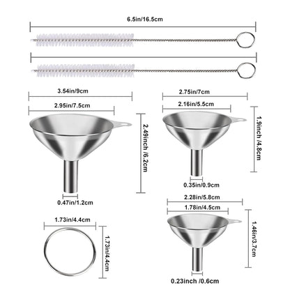 Metal Stainless Steel Funnel, Large Medium Small Funnel Set of 3, Food Grade Mini Funnels for Kitchen Use Filling Bottles Flask Cooking, 2 Brushes2