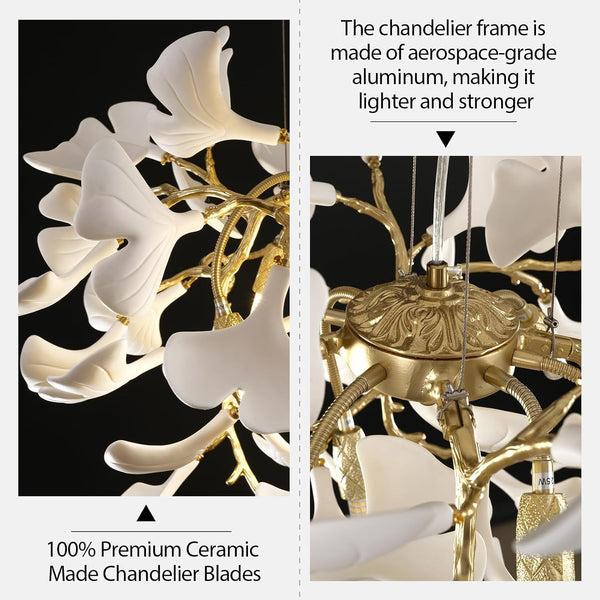 23.6'' Gold and White Ceramic Ginkgo Leaf Chandeliers, Modern Tree Branches Chandeliers, Dining Room Chandelier over Table, round Chandelier for Living Room,Foyer, Kitchen, Bathroom, Bedroom3