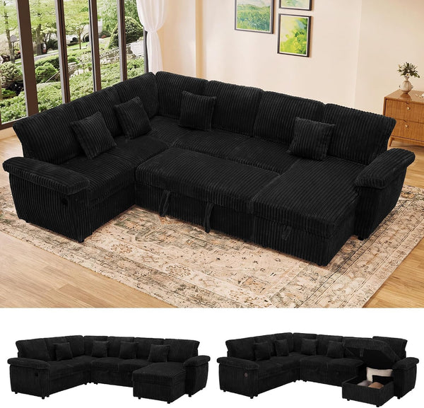 Modular Sectional Sleeper Sofa with Pull Out Bed, 104" U Shaped 7 Seat Cloud Sectional Couches for Living Room, Comfy Corduroy Couch Sofa Bed with Storage Chaise, USB Charging, Black1