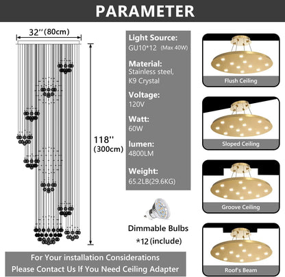 118" Modern Large Chandelier for Foyer Raindrop Crystal Chandeliers LED Dimmable High Ceiling Flush Mount Light Fixtures for Staircaes Hallway Entryway Gold3