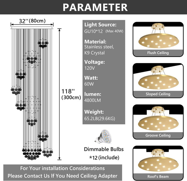 118" Modern Large Chandelier for Foyer Raindrop Crystal Chandeliers LED Dimmable High Ceiling Flush Mount Light Fixtures for Staircaes Hallway Entryway Gold3