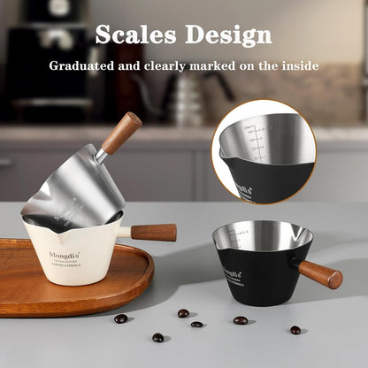 Espresso Measuring Cup, Stainless Steel Espresso Shot Cups with Wooden Handle and Double Spouts, 6.8OZ/200ML, White5
