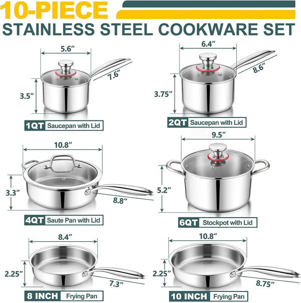 Stainless Steel Cookware Set of 6, 10-Pieces Pots and Pans Sets | 3-Ply Pots and Pans for Kitchen, Induction Multi Cooktops & Oven, Dishwasher Safe, Frying Pans, Saucepans, Saute Pan & Pot2