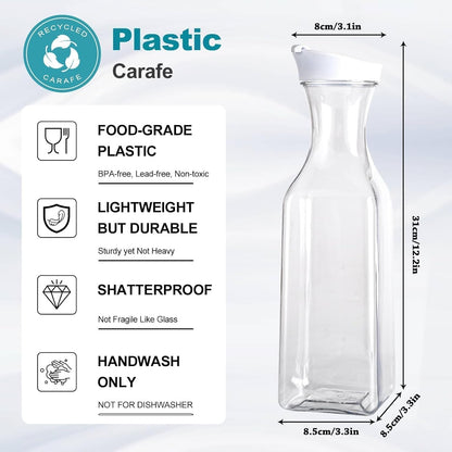 Set of 4 Plastic Carafe with Lid, 50 Oz Carafes for Mimosa Bar, Square Base Juice Containers, Water Bottle, Milk Container, Clear Beverage Containers for Fridge- HAND WASH ONLY2