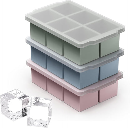 3 Packs Large Ice Cube Molds with Stackable Lid,Silicone Ice Cube Tray for Freezer,Big Square Ice Tray for Whiskey,Cocktails,Bourbon and Soups (Neutral)1