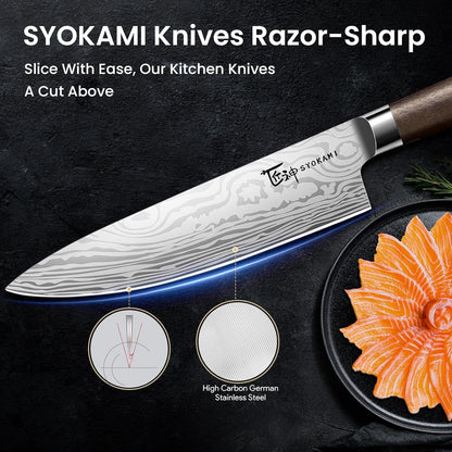 14-Piece Kitchen Knife Set with Magnetic Block, New for 2026 | 360° Rotatable Block, Japanese Style Chef Knife & Steak Knife Set with Sharpener, Wood Handle, Damascus Pattern, Ideal Gift5