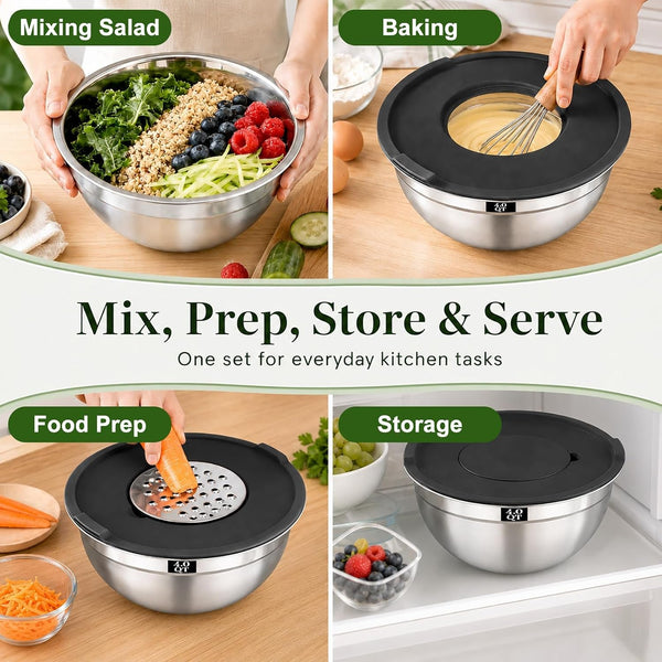 8PCS Mixing Bowls with Lids Set - 5 Nesting Mixing Bowls, 3 Grater Attachments, Lids, Stainless Steel Mixing Bowls for Mixing & Serving, Size 1.5/2.1/3.5/4/4.5 QT, Black5