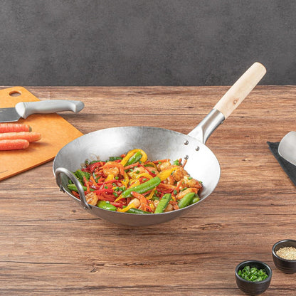 Carbon Steel Wok 1 Pack of 12 Inch Heavy-Duty Stir Fry Pan Silver Hand Hammered Wok Efficient Maneuvering Steel Helper Handle Uniform Heat Distribution Asian Cooking3