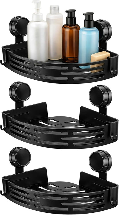 3 Pcs Black Triangle Suction Cup Shower Caddy, No-Drill Corner Storage Shelves with Hooks, Long-Lasting Plastic Bathroom Organizer for Shampoo, Soap, Spices, 11.61 X 8.66 X 2.09 In1