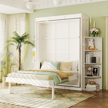 Rotating Queen Murphy Bed with Hidden Wall Cabinet, Dual 3-Tier Side Shelves, Convertible Desk, White3