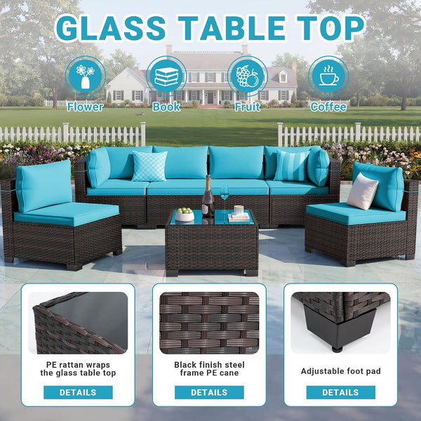 7Pcs Outdoor Patio Furniture Sets,Rattan Conversation Sectional Set,Manual Weaving Wicker Patio Sofa with Tea Table4