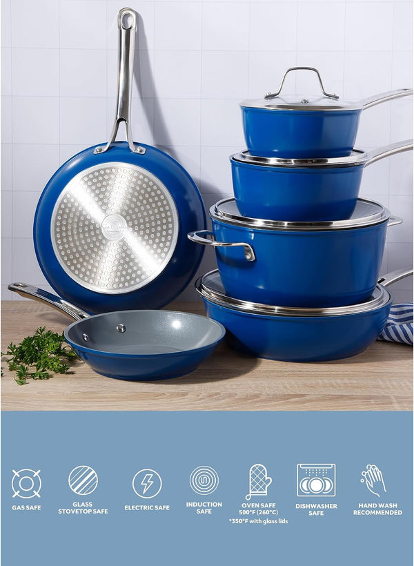 Sur La Table Kitchen Essentials Cool Commune Hard Anodized 10 Piece PFA Free Ceramic Non Stick Interior Forged Durable Aluminum Pots and Pans Cookware Set - Blue - Induction Compatible7