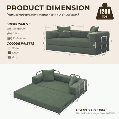 78 Inch Convertible Sofa Bed, 5-In-1 Futon Sofa Bed Pull Out Couch, Boneless Couch Bed for Living Room, Corduroy Boneless Couches for Bedroom, Apartment, No Assembly Sleeper Sofa Bed, Green2