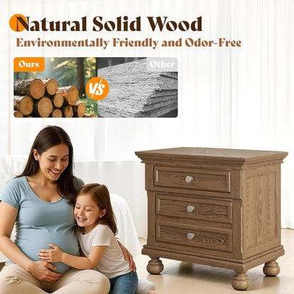 Solid Wood 3-Piece Set, Queen Bed & 2 Nightstands, Light Brown3