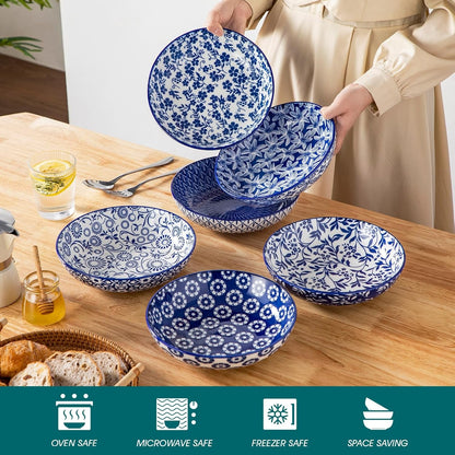Selene 8.5" Pasta Bowls Set of 6, 40 Oz Porcelain Shallow Salad Bowls, Serving Bowls Large Kitchen Bowl Plates Pasta Plates, Blue & White Floral Design, Microwave Safe4