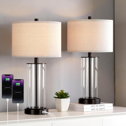 23'' Clear Glass Table Lamp Set of 2 Bedroom Lamps with USB Ports and AC Outlet Living Room Nightstand Lamp Bulbs Included1