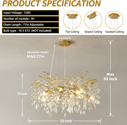 Gold Tree Branch Chandelier 32" 10-Light Modern Crystal Light Fixture3