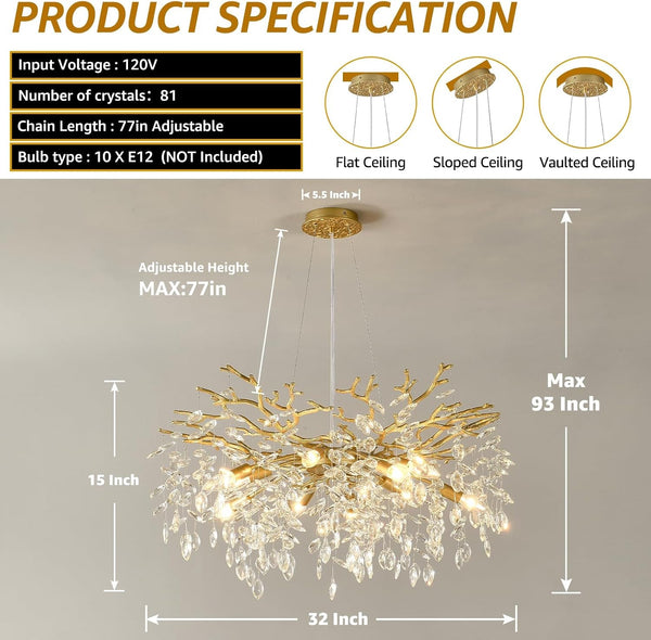 Gold Tree Branch Chandelier 32" 10-Light Modern Crystal Light Fixture3
