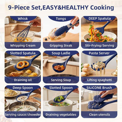 Kitchen Utensils Set,9 PCS Silicone Cooking Utensils Set Spatula Set,Tongs,Spoon,Whisk,Brush,Dishwasher Safe Kitchen Gadgets for Non-Stick Cookware,Home Essential，Kitchen Appliances(Navy Blue)2