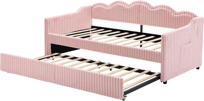 Twin Size Faux Fur Upholstered Daybed with Trundle, Side Pockets, Pink9
