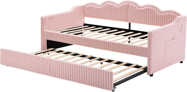 Twin Size Faux Fur Upholstered Daybed with Trundle, Side Pockets, Pink9