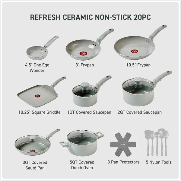 Refresh Ceramic Pots and Pans Set, 20-Piece Nonstick Cookware Set, Stockpot, Griddle, Frying Pans, Utensils, Moon Grey2