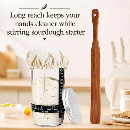 2 Pack Wooden Spurtle for Sourdough Starter, Mixing, Reaching Bottom of Jar, Dough Whisk, Long Handle Jar Spatula, Spurtles Kitchen Tools Teak Wood Kitchen Utensils Kit for Baking, Cooking4