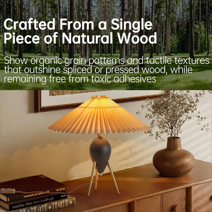 Japandi Zen Table Lamp, Black Solid Wood Tripod, Pleated Umbrella Shade4