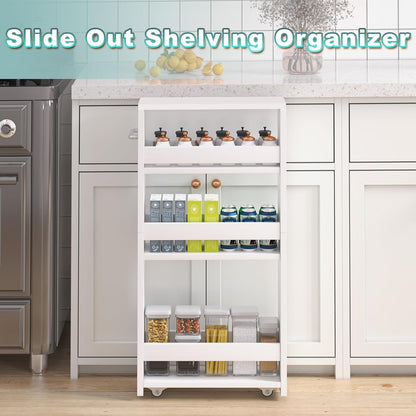 Slim Rolling Storage Cart, Wood Utility Kitchen Bathroom Laundry Cart | 4 Tier Kitchen Cart with Wheels Handle, Laundry Room Organization, Narrow Bathroom Storage Cabinet, 5.5" Wide Storage Trolley3