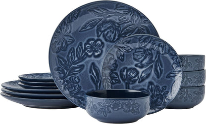 Paltzgraff Garden Elegance 12 Piece Floral Stoneware Dinnerware Plate Bowl Dish Set, Service for 4, Blue1