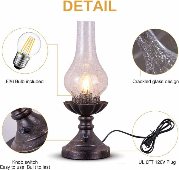 Vintage Table Lamp with Crackled Glass Shade & Rotary Knob Switch, Small Antique Desk Lamp,Lantern Rustic Farmhouse Western Victorian Bedside Decor for Bedroom,Living Room,Office4