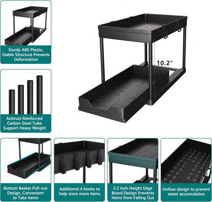 under Sink Organizer 2 Pack, Bathroom Cabinet Organizer, 2 Tier Sliding Cabinet Basket Organizer Drawer, Multi-Purpose Bath Collection Baskets for Bathroom (Black)6