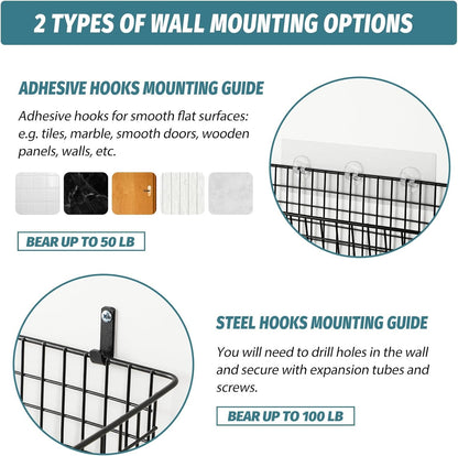4 Set [EXTRA LARGE] Hanging Wall Mount Storage Baskets with Adhesive Hooks & Steel Hooks, Multiuse Sturdy Wire Metal Organizing Baskets for Home Kitchen Bathroom Pantry Utility Organizer, Black2