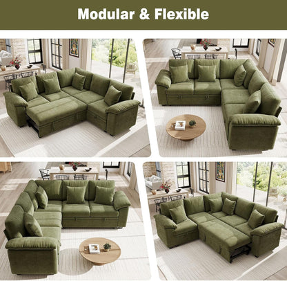 86" Modular Sectional Sofa with Pull Out Bed, 5-Seater L Shaped Sectional Sleeper Couch with Storage, Chenille Convertible Couches for Living Room, Apartment (Green)9