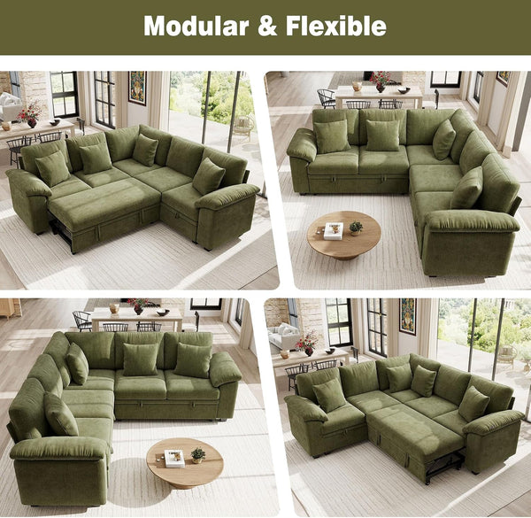 86" Modular Sectional Sofa with Pull Out Bed, 5-Seater L Shaped Sectional Sleeper Couch with Storage, Chenille Convertible Couches for Living Room, Apartment (Green)9