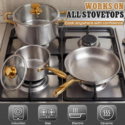 Titanium Pots and Pans Set,6 Pcs,Essential Cookware Set | Titanium Pans for Cooking with Lids, Spoon, Spatula, Triply Titanium No Coating for Induction, Cooktops, Safe up to 1000°F7