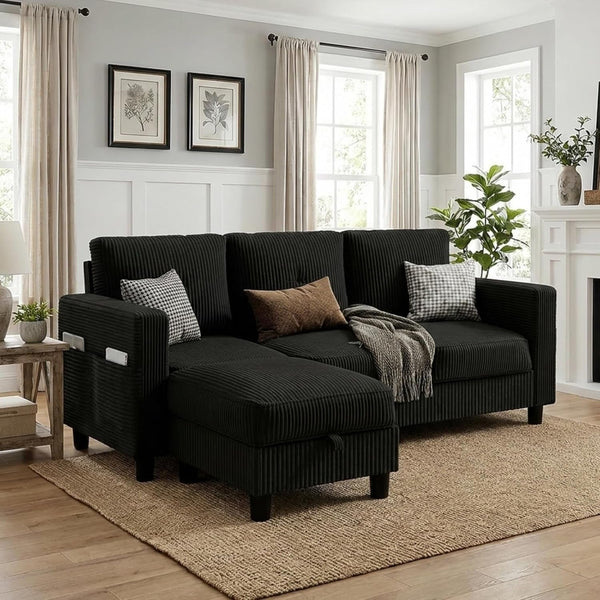 77" L-Shaped Corduroy Sectional Sofa with Storage Ottoman, Black1