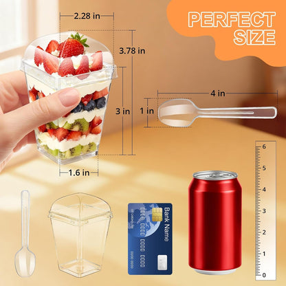 5Oz Plastic Dessert Cups with Lids and Spoons, Clear, 20 Pack | Small Yogurt Parfait Cups with Lids, Mini Dessert Shooter Cups, Square Party Appetizer Cups, Fruit, Pudding, Trifle Ice Cream2