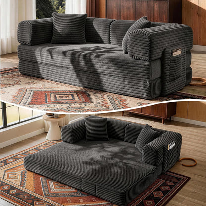 Futon Sofa Bed Boneless Couch for Living Room,Pull Out Couch with Sleeper Sofa,Day Bed Couch with Storage Pocket,Removable Corduroy with 2 Pillow1