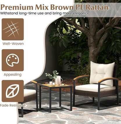 3 Piece Patio Conversation Set, Includes 2 Rattan Chairs and Coffee Table, Solid Acacia Wood Armrests & Tabletop, Outdoor Cushioned Wicker Furniture Set for Backyard, Poolside, Lawn, Garden6