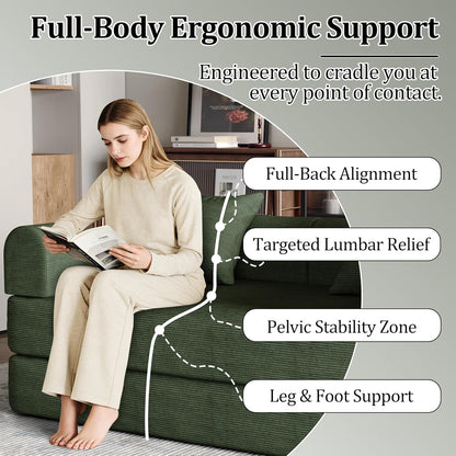59'' Convertible Compressed Corduroy Folding Cloud Sofa Bed, Modern Boneless Pull Out Loveseat Sleeper in a Box, 4 in 1 Floor Mattress Futon Cloud Couch, No Assembly Needed, Green, 2 Pillows, Queen6