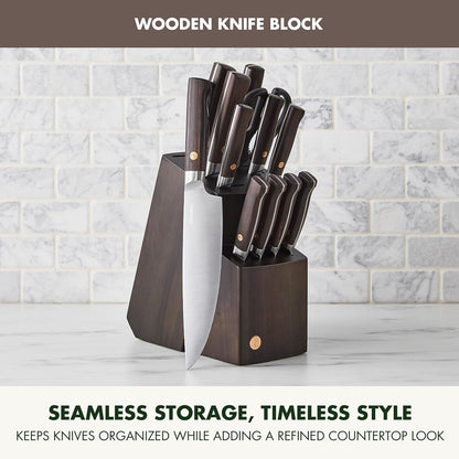 Elite 13 Piece Wooden Knife Block Set, Professional Stainless Steel Blades with Titanium Coating, Ultra-Sharp Kitchen Cutlery, Chef, Santoku, Bread & Steak Knives, Ergonomic Brown Wood Handle8