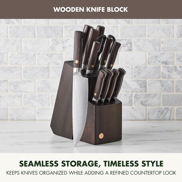 Elite 13 Piece Wooden Knife Block Set, Professional Stainless Steel Blades with Titanium Coating, Ultra-Sharp Kitchen Cutlery, Chef, Santoku, Bread & Steak Knives, Ergonomic Brown Wood Handle8
