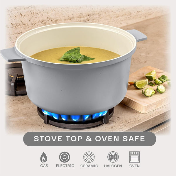5 Qt Dutch Oven Pot with Lid, Ceramic Nonstick, Gray | Lightweight, Non Toxic PFOA/PFOS/PTFE Free, Self Basting Lid, Induction Compatible, Dishwasher and Oven Safe4