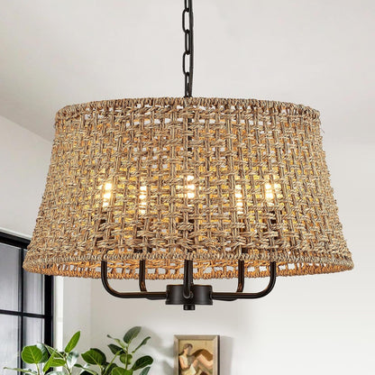 19.7" Boho Rattan Chandelier, 5-Light Black Wicker Light Fixture1