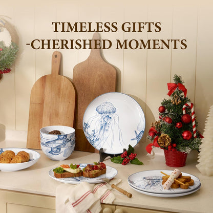 Minh Long 12-PCS Porcelain Coastal Dinnerware Set, Plates, Bowls, Service for 4, Chip & Scratch Resistant, Oven Safe up to 482°F, Non Toxic, Lead & Cadmium Free, Stackable, Dishwasher & Microwave Safe8