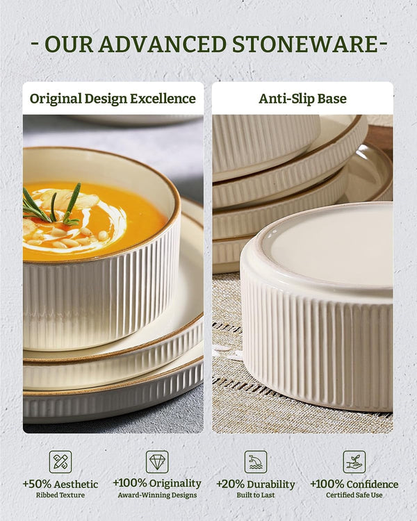 Plates and Bowls Set with Rim, Stoneware Dinnerware Sets for 44
