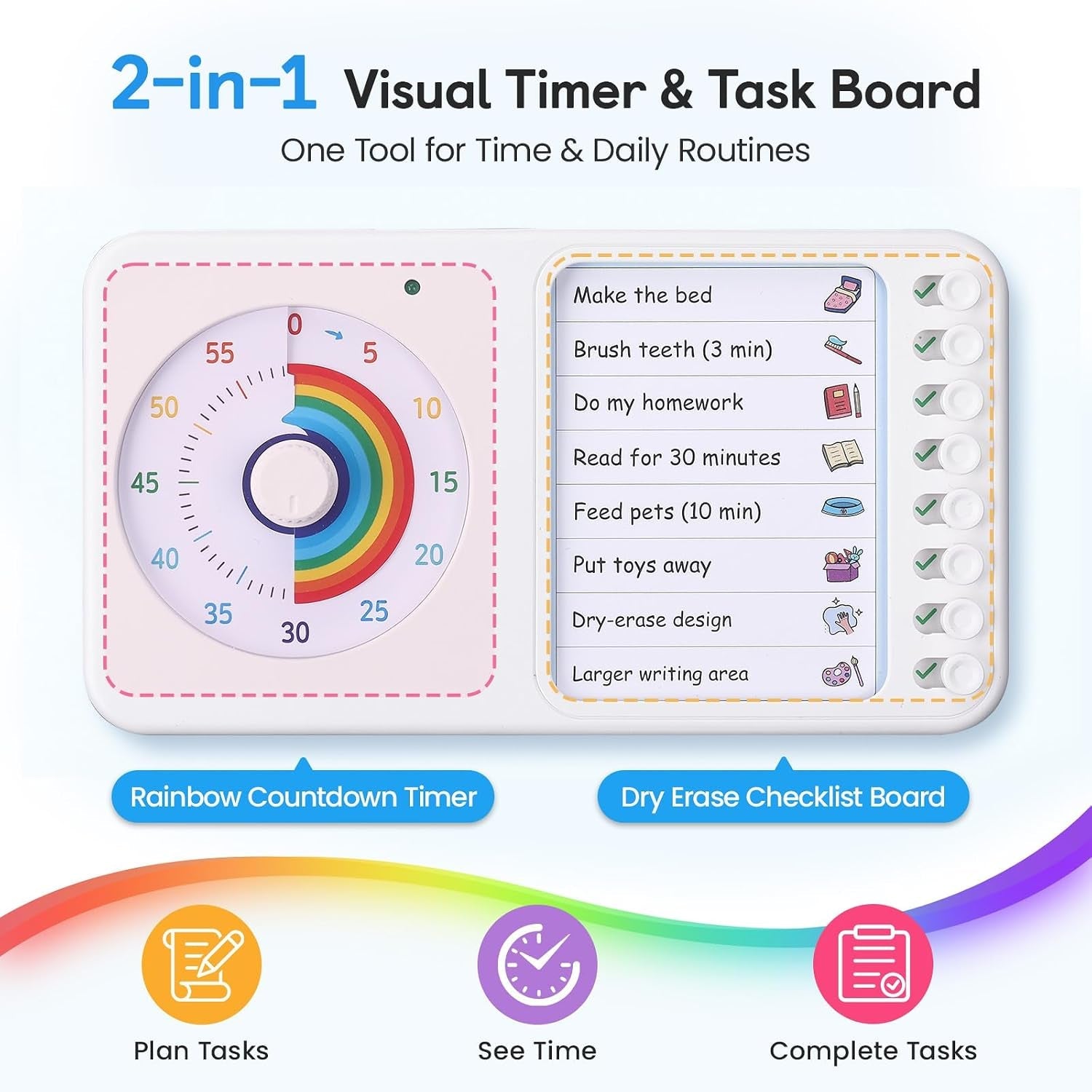 2-in-1-visual-timer-adhd-with-task-board-to-do-list-checklist-dry-erase-chore-chart-and-visual-schedule-for-kids-adhd-rainbow-countdown-timer-for-classroom-home-homeschool-white