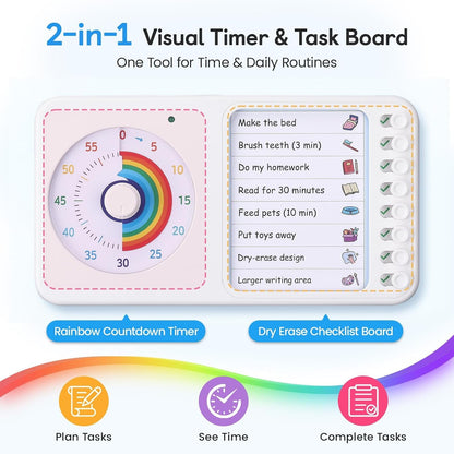 2-In-1 Visual Timer ADHD with Task Board, To-Do List, Checklist | Dry Erase Chore Chart and Visual Schedule for Kids ADHD, Rainbow Countdown Timer for Classroom, Home, Homeschool (White)2
