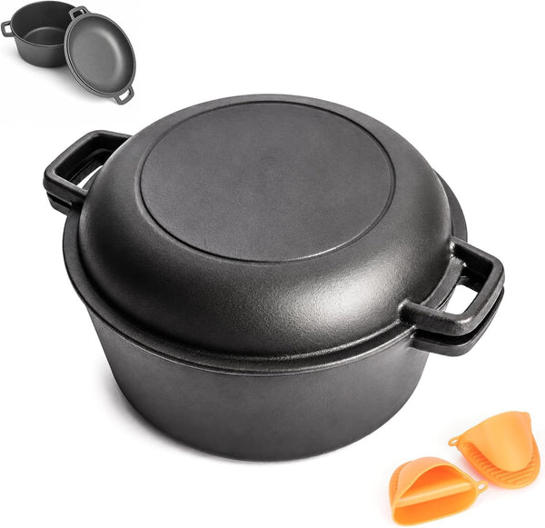 Cast Iron 5 Quart Double Dutch Oven-2-In-1 Pre-Seasoned Pot & Skillet Combo | Pre-Seasoned, No Chemical Coatings. 5Qt Cast Iron Pot + Skillet Lid. Even Heat, Great for Bread Baking. Indoor/Outdoor Use.1